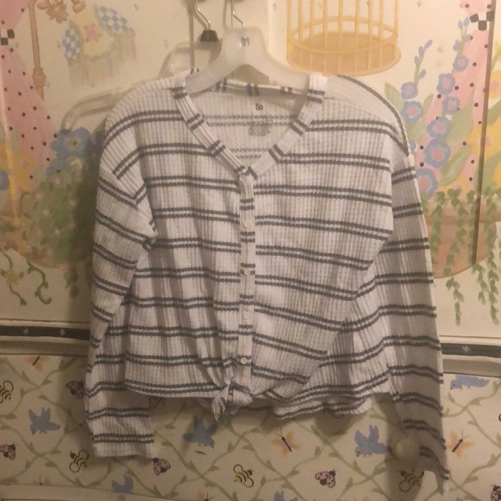 white vneck sweater with green strips from So